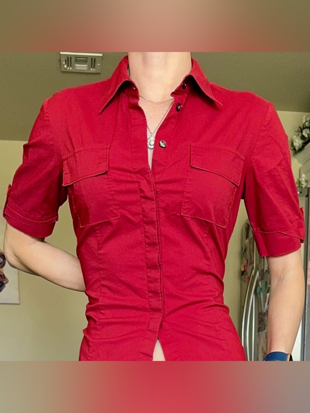 Y2k Vintage Utility Red Button Down Cuffed Half Sleeve Blouse Shirt S New York